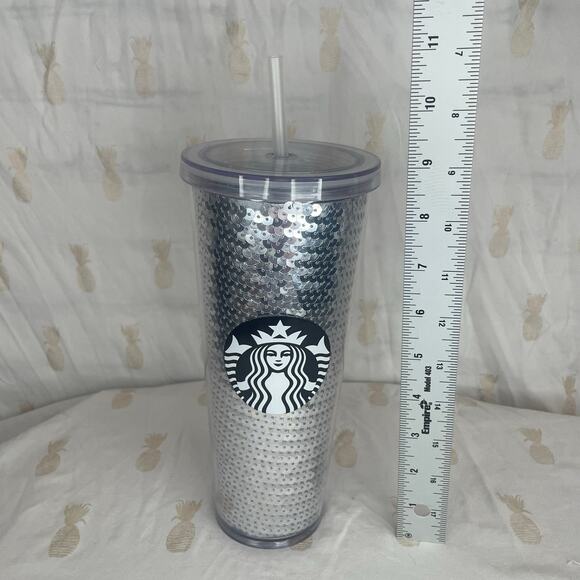 Starbucks Holiday 2017 Limited Edition Silver Sequin 24 oz cold cup NEW STRAW - Picture 5 of 5